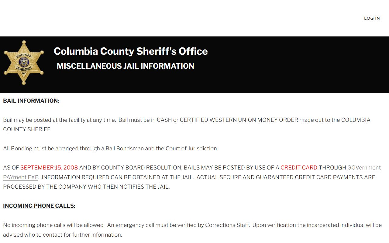 Columbia County Jail bail, phone, money, and mail information page