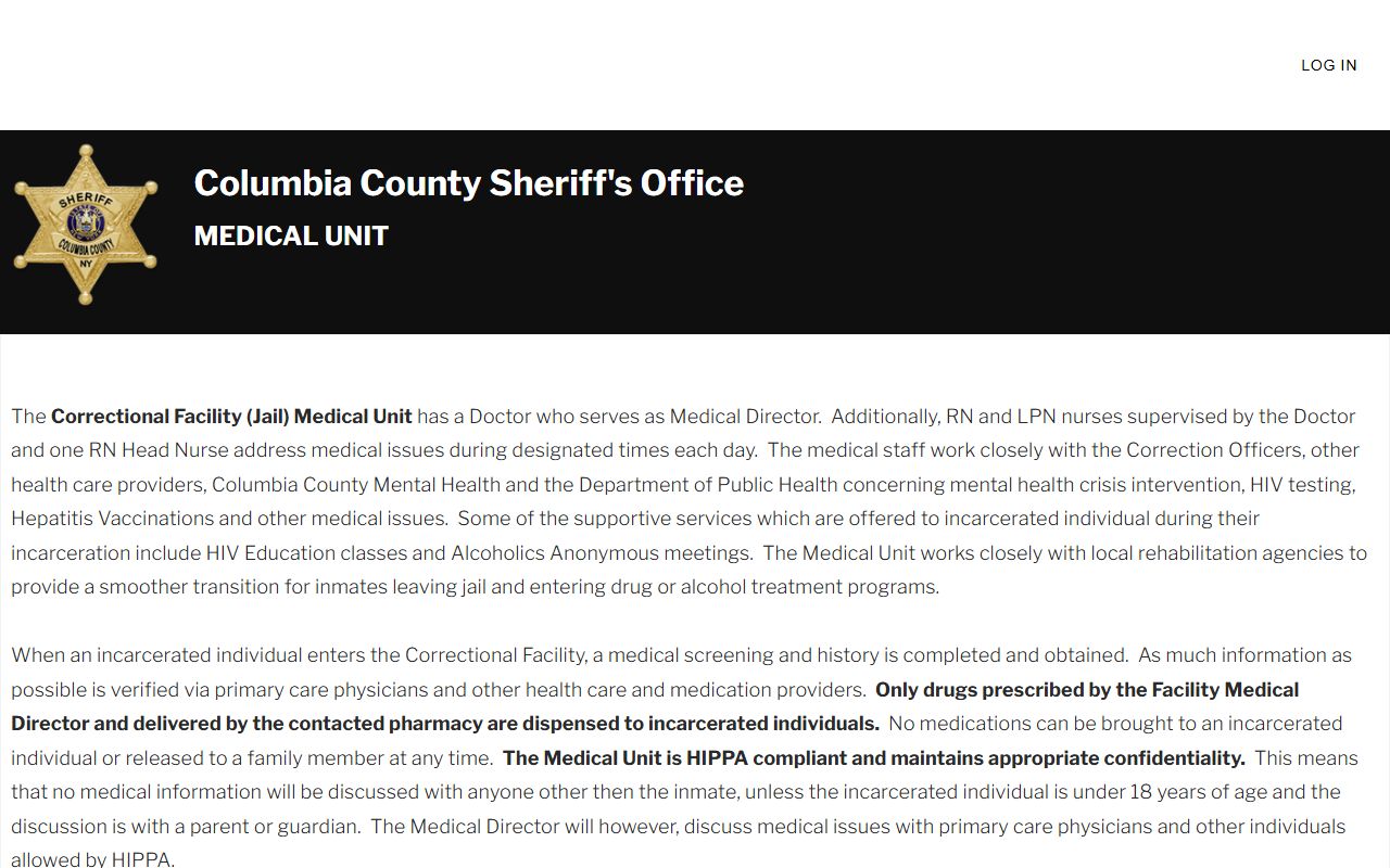 Columbia County Jail Medical Unit page with intake screening and health service details
