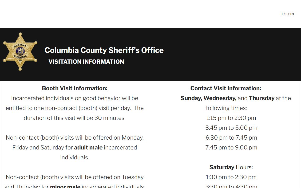 Columbia County Jail visitation information page with visit rules and schedule