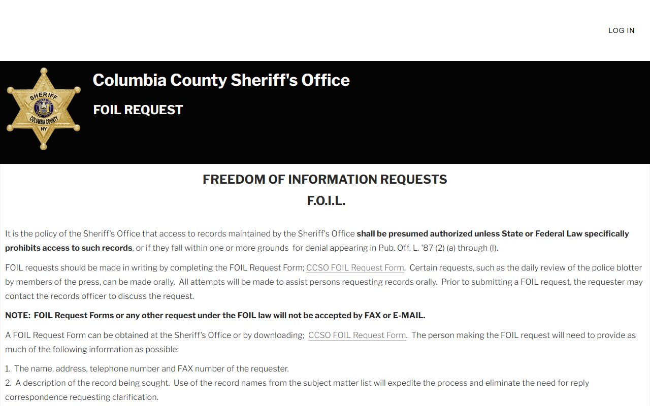 Columbia County jail mugshots FOIL request page