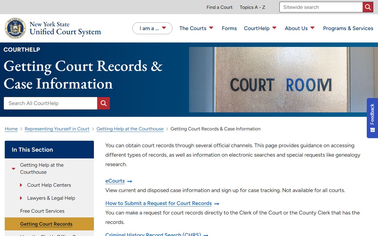 New York Courts help page for getting court records and case information