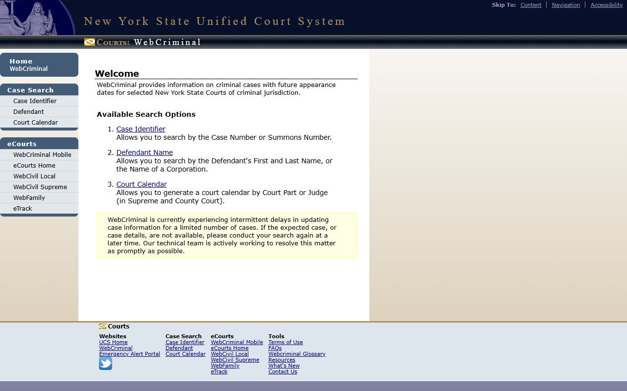 New York WebCriminal search portal with case, defendant, and court calendar options